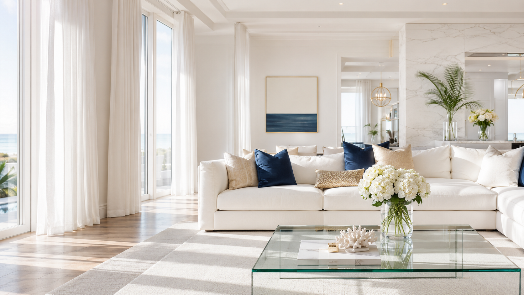 Bright coastal-inspired living room with white furnishings and navy accents